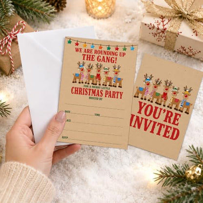 Christmas Party Invitations with Envelopes - 20 Retro Reindeer Cards - A10