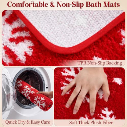Gilprop Snowflake Christmas Bathroom Rugs and Towels Set - Red & White, 4 Pieces - Variation of Snowflake