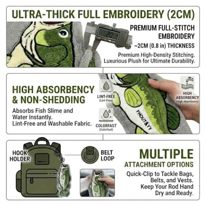 Fish-Shaped Fishing Towel with Embroidery and Carabiner for Anglers