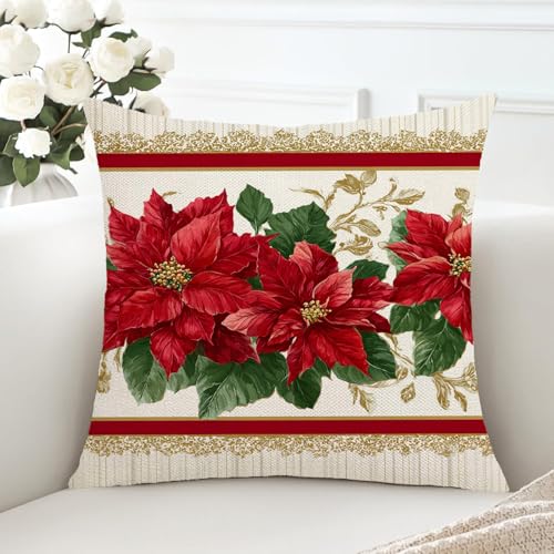 Poinsettia Red Flower Throw Pillow Cover - 18x18 Inch Christmas Decor with Hidden Zipper - Pack of 1