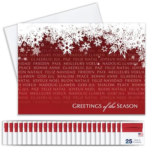 Season's Greeting Cards with Red Foil Lined Envelopes 25-Pack - Global