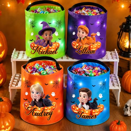 Personalized Halloween Cartoon Character Pumpkin LED Light Bucket for Kids