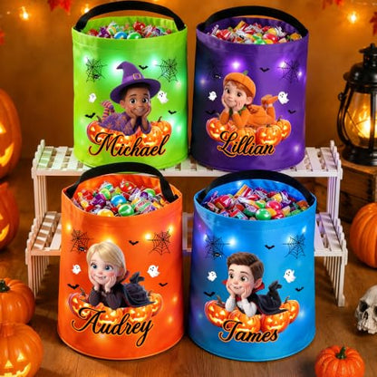 Personalized Halloween Cartoon Character Pumpkin LED Light Bucket for Kids