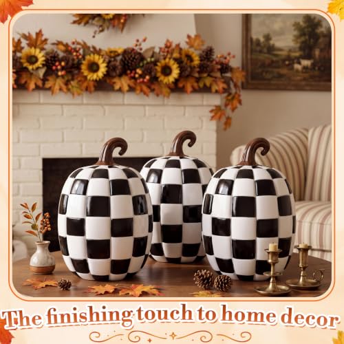 Black and White Checkered Pumpkins Set of 3 - Halloween Fall Decor