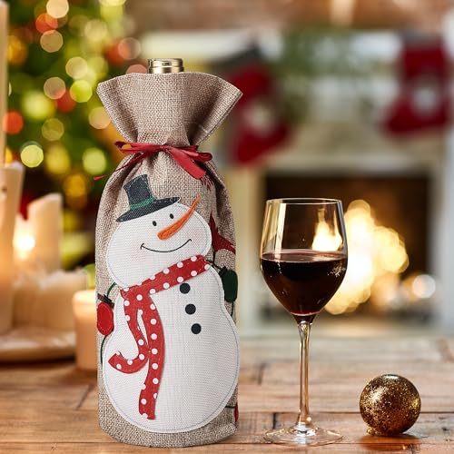 Christmas Burlap Wine Bottle Gift Bags Set of 4 - 13 x 5.5 Inches
