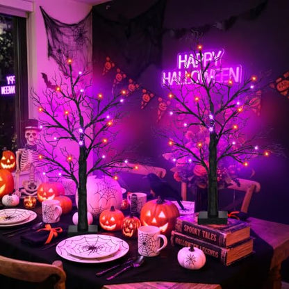 Halloween Black Tree Decorations with Orange Purple LEDs - Style 1, 24 Inch, Indoor Home Centerpiece, Timer, Battery or USB Powered