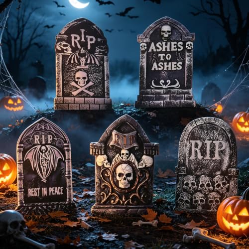 Halloween Tombstones Outdoor Graveyard Decorations 25.6 Inch 5-Pack - Creepy Spooky Yard Decor with Weatherproof Plastic Stakes