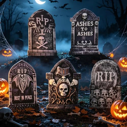 Halloween Tombstones Outdoor Graveyard Decorations 25.6 Inch 5-Pack - Creepy Spooky Yard Decor with Weatherproof Plastic Stakes