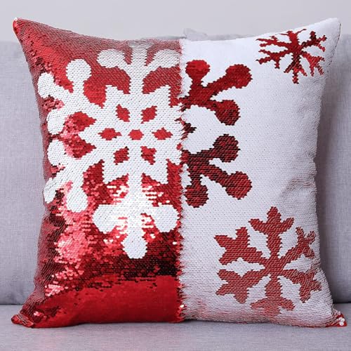 Bling Christmas Sequin Pillow Covers 18x18 Inches Set of 4 - Reversible Holiday Cushion Cases - Red Snowflake Design