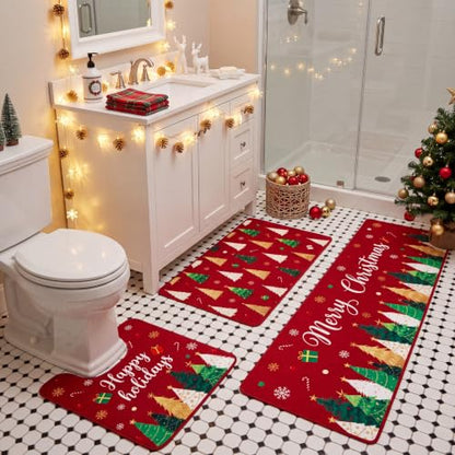 Christmas Bathroom Rug Set 3-Piece Non-Slip Mat with Holiday Design