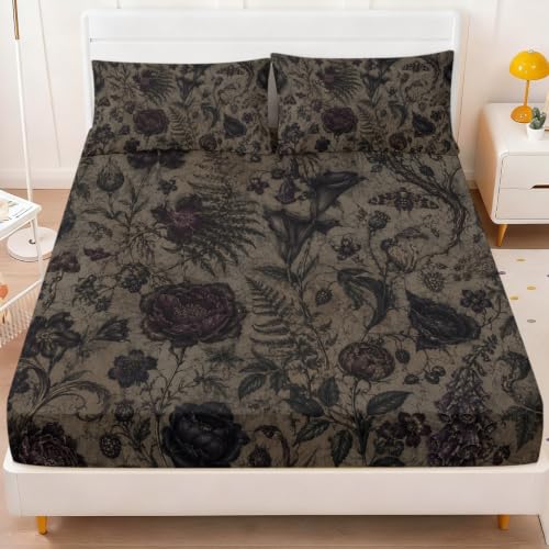 Dark Floral Fitted Sheet Set King Size - Ancient Paper Poison Flower Variation