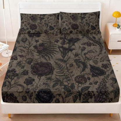 Dark Floral Fitted Sheet Set King Size - Ancient Paper Poison Flower Variation