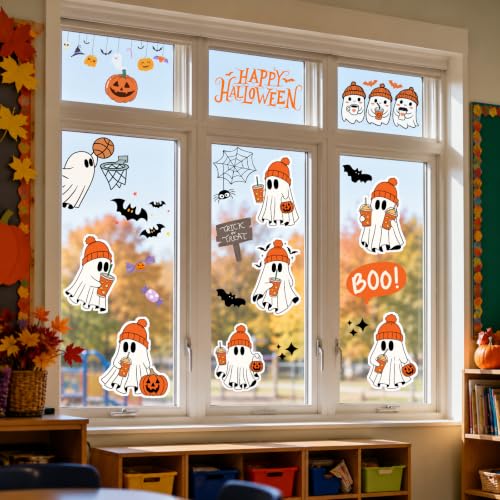 Halloween Window Stickers - Ghost Pumpkins Bats Spiders Decals 9 Sheets