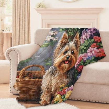 Cute Yorkshire Terrier Plush Blanket 60x50in Dog Throw for Couch & Bed - Pink