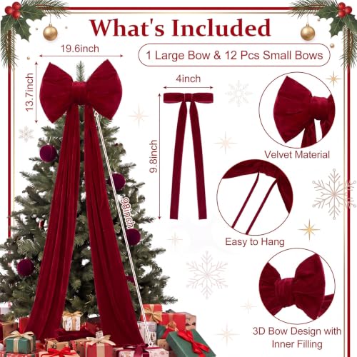 Red Velvet Bow Christmas Tree Topper Set with 12 Small Bows - Large Red Holiday Decoration