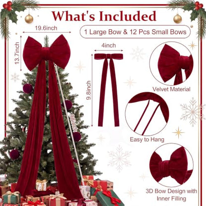 Red Velvet Bow Christmas Tree Topper Set with 12 Small Bows - Large Red Holiday Decoration
