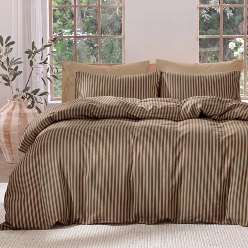 Fine Stripe Brown Duvet Cover Set - King Size 100% Cotton Sateen, 3 Pieces