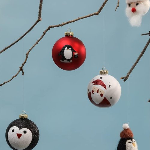 DN DECONATION Black and White Christmas Ornament - Cute Hand-Painted Santa Ball for Tree | Red Glass Decoration