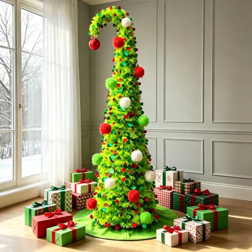 6 FT Green Whimsical Curved Pop Up Christmas Tree with Lights & Ornaments