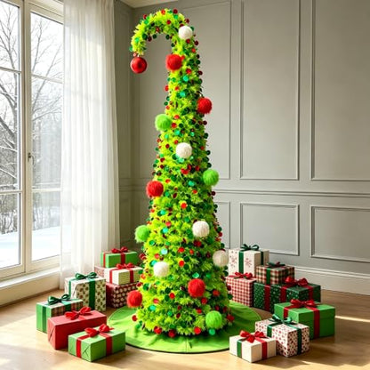 6 FT Green Whimsical Curved Pop Up Christmas Tree with Lights & Ornaments