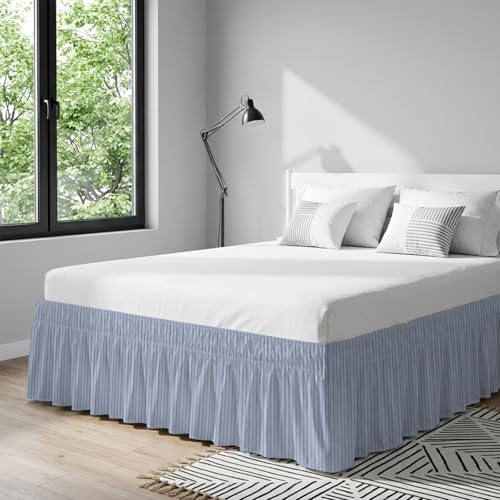 King Size Sky Blue Striped Bed Skirt - 16 Inch Drop, Wrap Around, Easy Fit