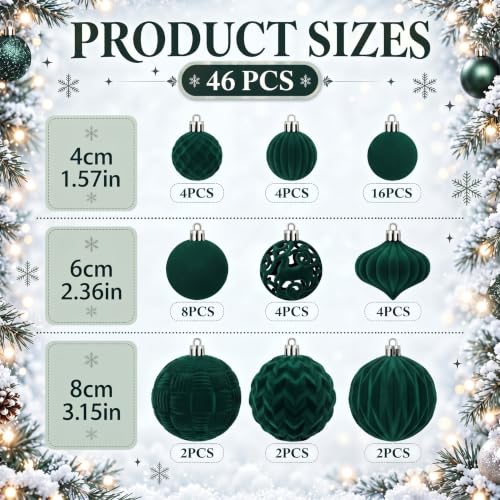 Velvet Christmas Ornaments Set 46 pcs Forest Green Shatterproof Holiday Decor - Variation of THIS listing