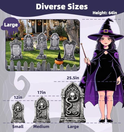 Halloween Tombstones Outdoor Graveyard Decorations 25.6 Inch - 6 Pack, Weatherproof Plastic Set - Spooky Yard Props with Stable Stakes