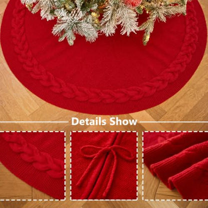 60 Inch Red Knitted Christmas Tree Skirt with Bowknot - Holiday Decor