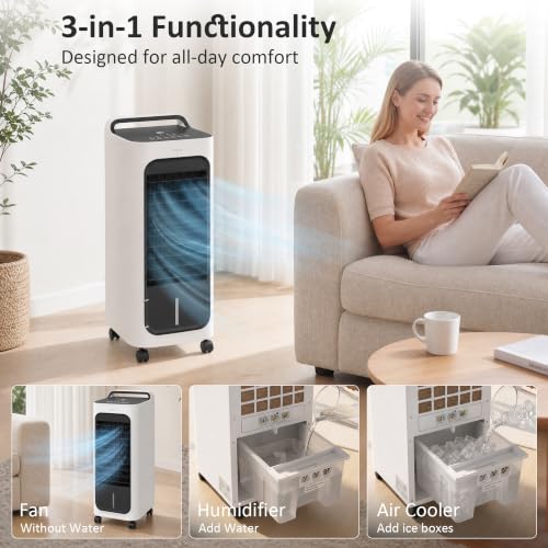 26-Inch Evaporative Air Cooler with Remote, 3-in-1 Swamp Cooler, White