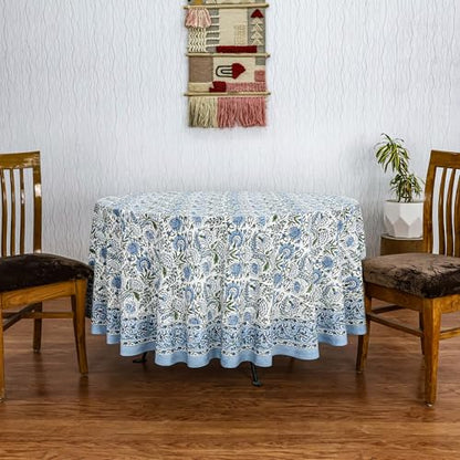 Smalt Blue 72-Inch Round Hand Block Printed Cotton Tablecloth - Floral Home Decor