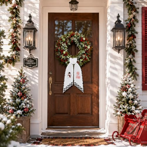 Christmas Wreath Sash Set - Black White Plaid & Embroidered Snowmen, Rustic Holiday Decor - Black White Plaid / 1 Set