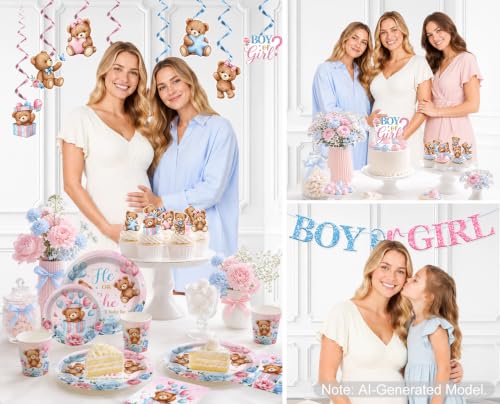 Brown Bear Gender Reveal Decorations Tableware Set - 205pcs for 25 Guests