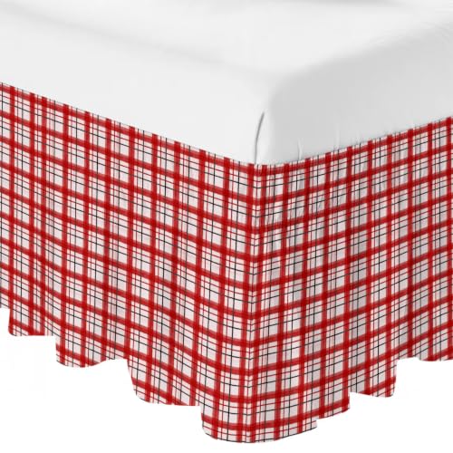 King Size Bed Skirt 16 Inch Drop Adjustable Elastic Dust Ruffle Wrap Around Bedskirt - Red Crimson Ruby & White