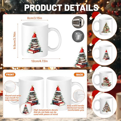 Book Lover Coffee Mug Set - 4 Pack Ceramic Bookworm Cups with Christmas Tree Design