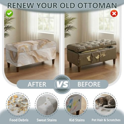 Large Brown Marble Print Flip-Top Storage Ottoman Cover - Elastic Fit