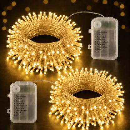 Battery Operated Fairy Lights 2 Pack 98FT Warm White LED String Lights