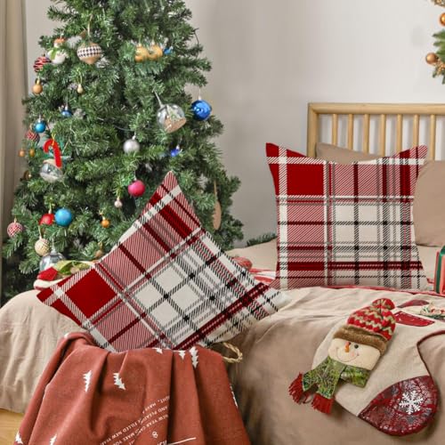 Christmas Pillow Covers 18x18 Pack of 2 Red Plaid Waterproof Home Decor