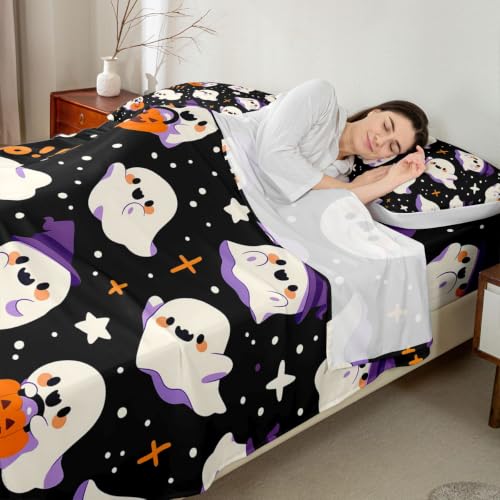 King Size Kids Ghost Bed Sheet Set with Bow Tie Pumpkin Stars Halloween Bedding - Brown