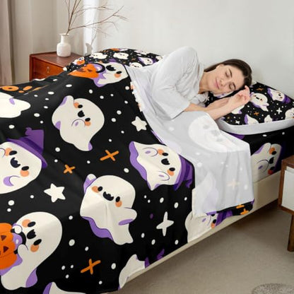 King Size Kids Ghost Bed Sheet Set with Bow Tie Pumpkin Stars Halloween Bedding - Brown