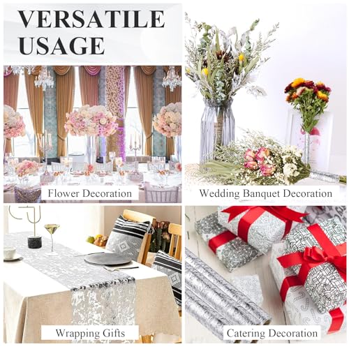 Silver Metallic Table Runner 11x108 Inches - Sequin Mesh Decorations for Party Wedding Birthday