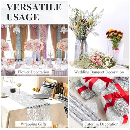 Silver Metallic Table Runner 11x108 Inches - Sequin Mesh Decorations for Party Wedding Birthday