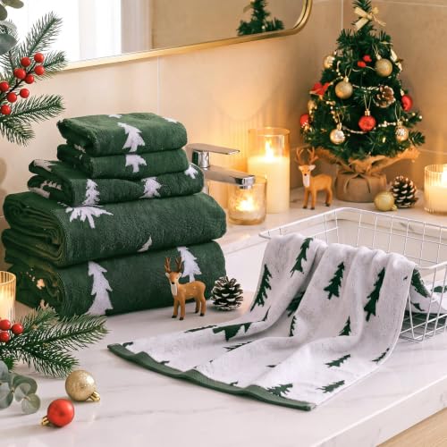 Christmas Tree Bath Towels Set - 6 Cotton Reversible Holiday Towels