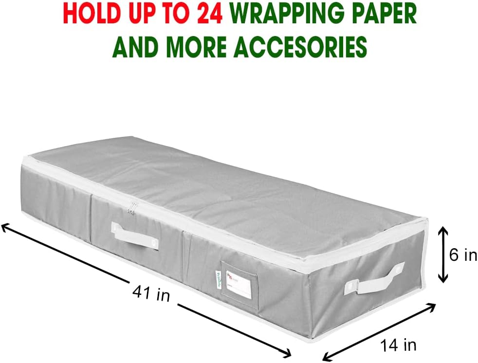 Primode Wrapping Paper Storage Container - Gift Wrap Organizer for Under Bed | Holds 18-24 Rolls Up to 40” | Durable 600D Oxford Material | Pockets for Ribbon Bows (Grey)