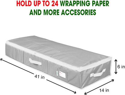 Primode Wrapping Paper Storage Container - Gift Wrap Organizer for Under Bed | Holds 18-24 Rolls Up to 40” | Durable 600D Oxford Material | Pockets for Ribbon Bows (Grey)