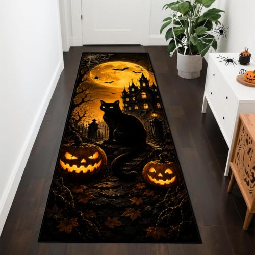Halloween Pumpkin Black Cat Runner Rug 3D Non-Slip 2x6ft Pattern-1