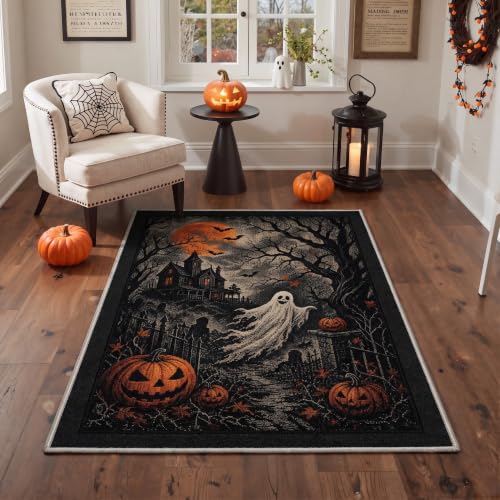 Halloween Scene Area Rug 5x7 Inch for Living Room - Gothic Orange Variation