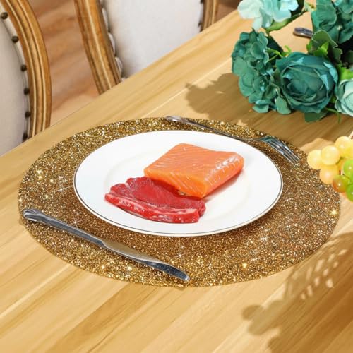 Blulu 4 Pieces Gold Round Rhinestone Placemat Set - Glitter Sparkle Table Mats