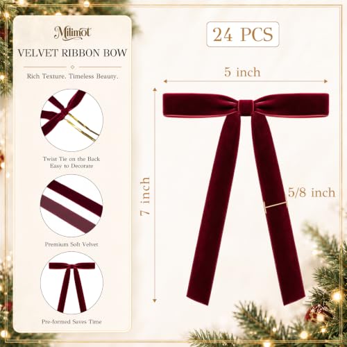 Milimot Burgundy Velvet Christmas Bows Set - 24 Pre-Tied 5x7 Inch Decorations with Gold Ties