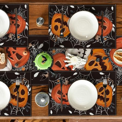 Black Pumpkin Spider Web Halloween Placemats Set of 4 - 12 x 18 Inch Seasonal Fall Table Decor