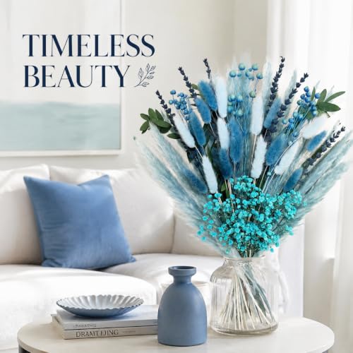 Blue Dried Flower Bouquet - Handmade Boho Floral Arrangement Baby Blue